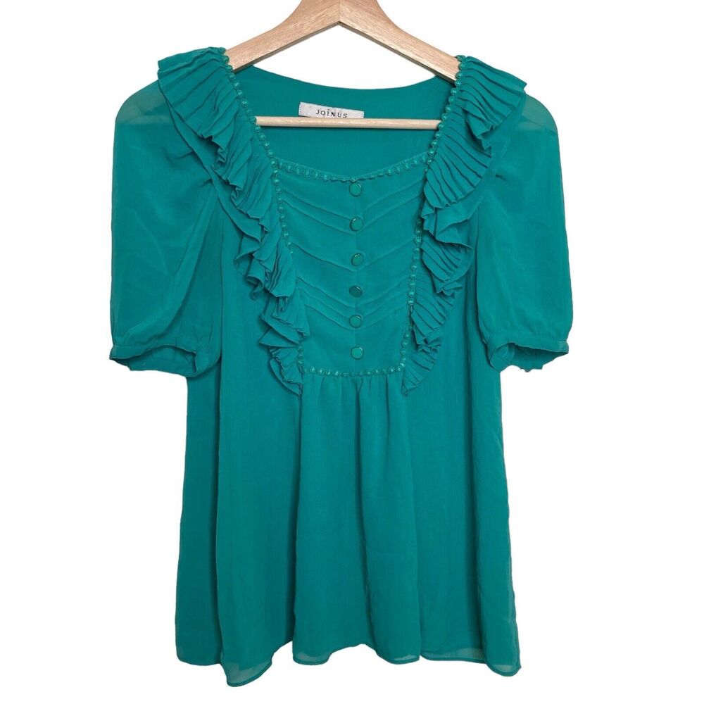 Joinus Size M Ribbon Pleated Ruffles  Button Details Cap Sleeve Blouse Blue